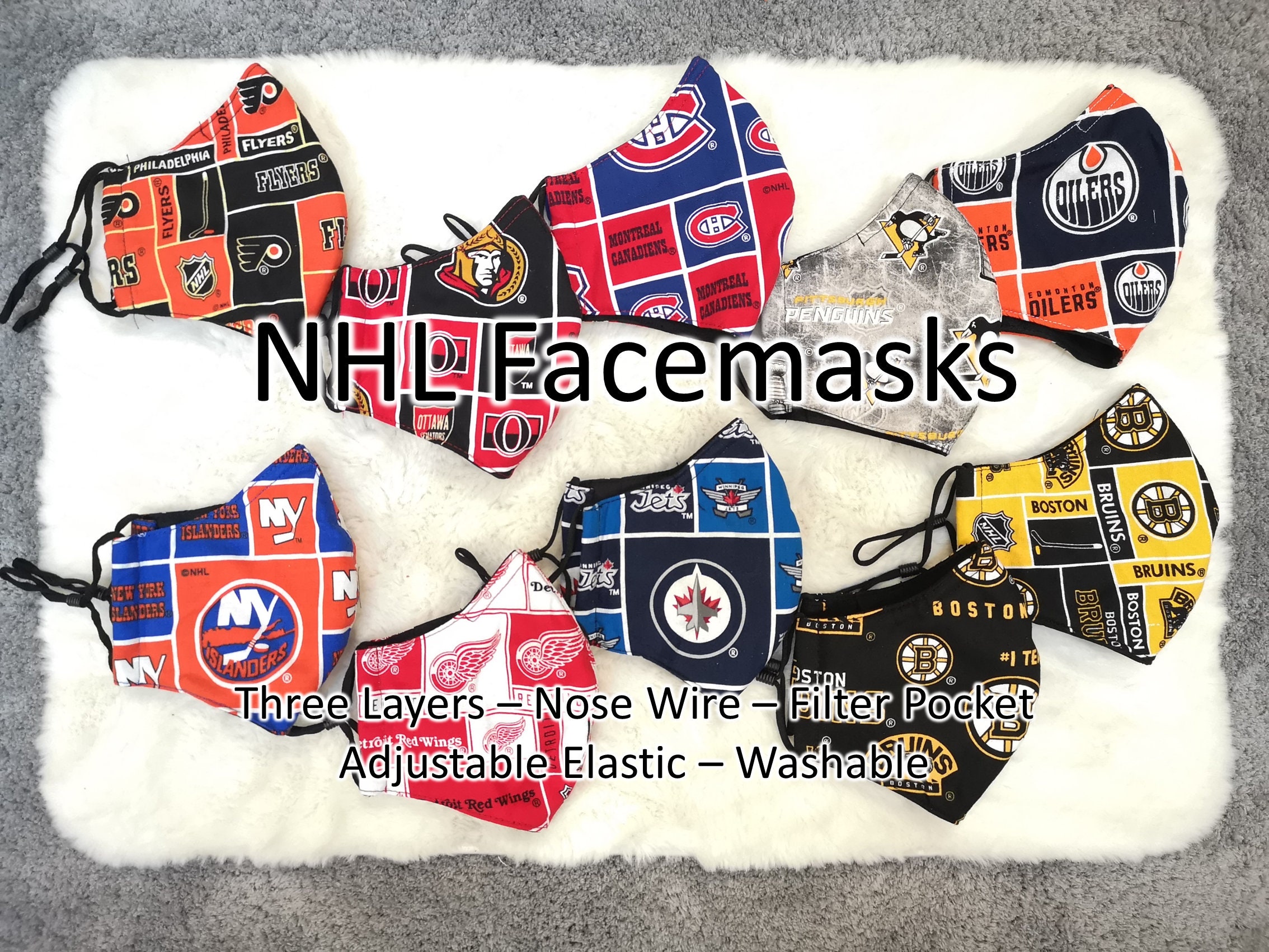 NHL Hockey Team Facemasks! 3 Layer Washable High Quality Face Masks W…