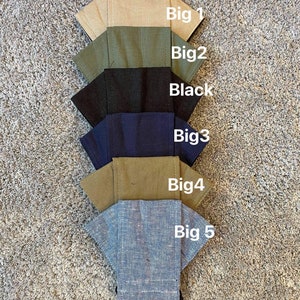 Pode incluir: Uma pilha de cinco m&aacute;scaras de tecido em diferentes cores, incluindo bege, verde, preto, azul marinho e azul claro. As m&aacute;scaras s&atilde;o etiquetadas com os n&uacute;meros de 1 a 5.