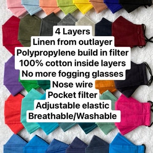 Linen! 2022 part 2.Facemarks-4 Layer Solid colour Origami. Nose Wires, Adjustable Sliders, Filter Pockets and Polypropylene Layer