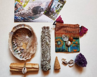 Amethyst Crystal , Smudge Kit Palo Santo, White Sage , Abalone Shell ENERGY CLEANSING + little gift + description