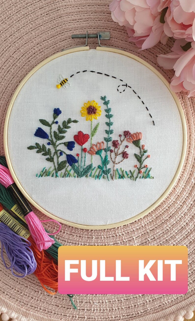 DIY Beginner Starter Embroidery Kit Flowers and Bees Etsy