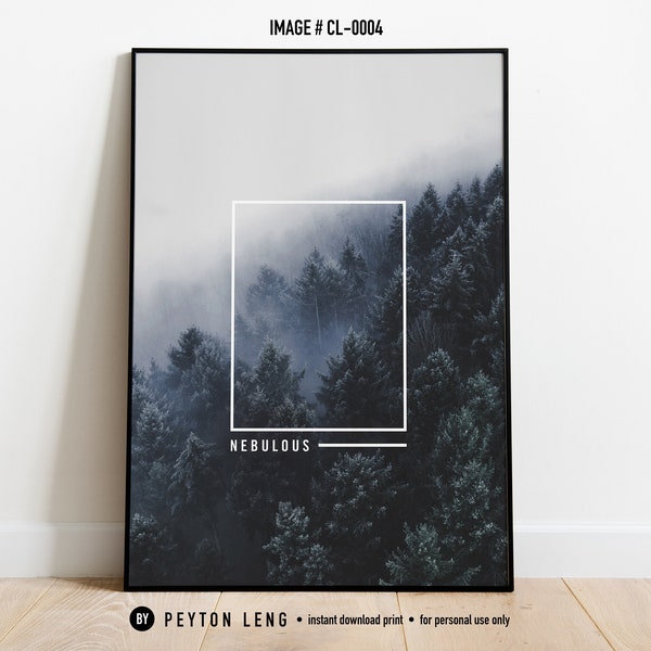 Foggy Nature Forest Print Wilderness Print Fog Mountains Photography Nordic Forest Art Print Pastel Forest Poster Printable Pine Forest Art