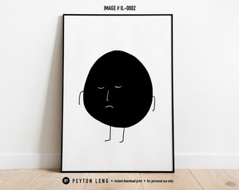 Sad Potato Man, Abstract Illustration, Print In Home, Modern Art, Block Print Style, Printable Art, Back and White Art , Download Instantly