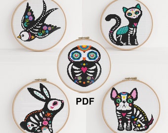 Sugar Skull Animal Set de 5 - motif de point de croix PDF, candy skull halloween dia de los muertos jour mexicain moderne des vacances mortes