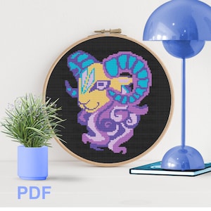 Aries modern cross stitch pattern- zodiac- star sign- Instant Pdf download-blue - Ram-animal -needlepoint -DIY