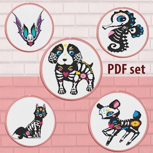Skull Animal Set of 5 No3- cross stitch patterns PDF, sugar skull halloween dia de los muertos modern mexican day of the dead holiday
