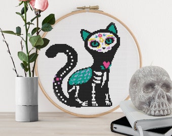 Sugar Skull Cat- motif de point de croix PDF, Calaveras De Azucar- Dia de los Muertos-Mexican day of the dead- Needlepoint DIY