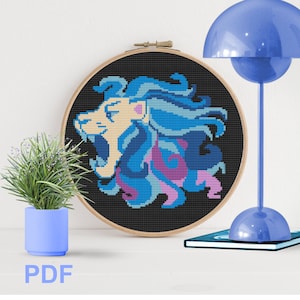 Leo modern cross stitch pattern- zodiac- star sign- Instant Pdf download-blue - Lion-animal -needlepoint -DIY