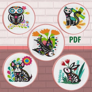 Sugar Skull Set of 5 W/ flowers - motif de point de croix PDF, Calaveras De Azucar- Dia de los Muertos-Mexican day of the dead- Needlepoint DIY