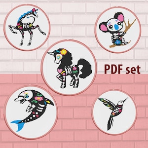 Skull Animal Set of 5 No2- cross stitch patterns PDF, sugar skull halloween dia de los muertos modern mexican day of the dead holiday