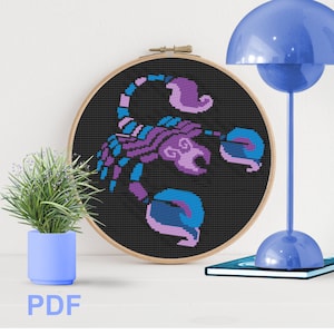 Patrón de punto de cruz moderno Escorpio- zodiaco- signo de estrella- Descarga instantánea en Pdf-azul - escorpión -punto de aguja -DIY