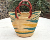 U Shopper Bolga Basket, African Handcrafted Basket, Stripe Design, Teal and Yellow
