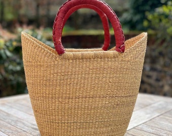 Neutral Ghanaian Basket with Brown Leather Handles | Size Small  | Traditional African U Shopper Basket