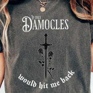 May include: Pepper-coloured t-shirt featuring the text "If Only Damocles Would Hit Me Back" and a sword graphic. The design includes roses and a sword. The shirt is a short-sleeved, crew neck style.