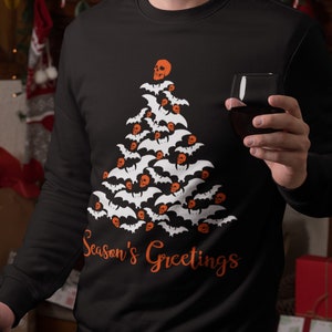 Gothic Bat Christmas Tree Sweatshirt - Bats and Skulls - Merry Creepmas Pullover - Gothmas Jumper - Hail Santa - Alternative Xmas - Krampus