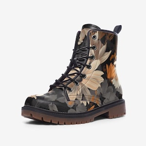 Dark Floral Cottagecore Vegan Leather Combat Boots | Whimsical Gothic Witchy Faux Leather Festival Boots | Whimsigoth boho Forest Witch