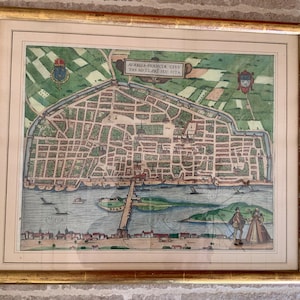 Wunderschöner, farbiger antiker Kupferstich Stadtplan von Orléans in vergoldetem Rahmen