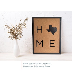 Puede incluir: Un tablero de corcho enmarcado en negro con la palabra "HOME" escrita, siendo el estado de Texas el que reemplaza la "O". El tablero de corcho está sobre una superficie blanca.