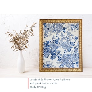ORNATE FRAMED PINBOARD Blue and White Jacobean Floral Bulletin Board, Pin Board, Gold Solid Wood Frame Custom Sizes!