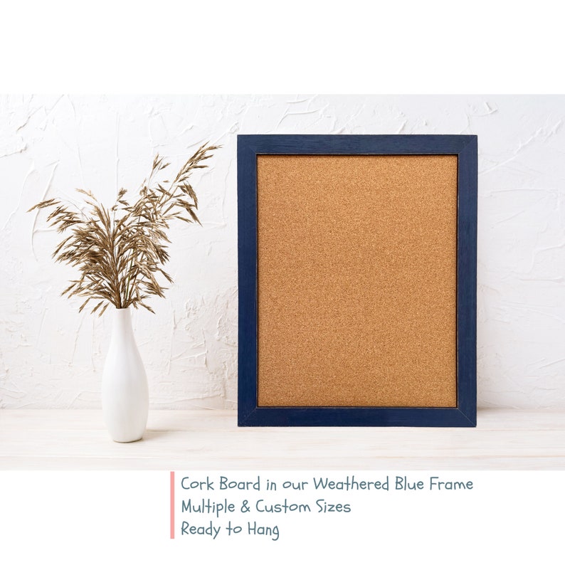 Farmhouse Bulletin Board Framed Rustic Solid Wood & Cork, Multiple Sizes weathered blue