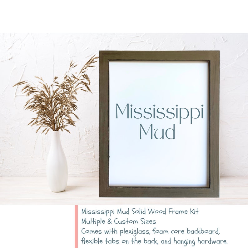 Mississippi Mud brown Solid Wood Farmhouse Picture Frame DIY Kit with plexiglass, foam core, flexible tabs on the back, and hanging hardware.