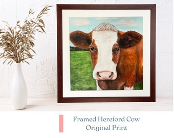 HEREFORD COW ART Hereford Cattle Framed Art Print Farmhouse Decor Gift 14 x 14!