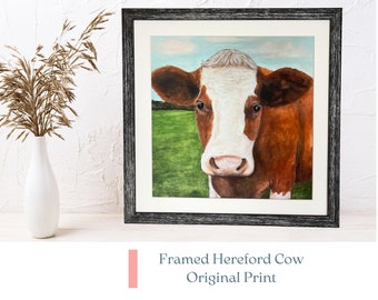 HEREFORD COW Framed Art Original Hereford Cattle Wall Art Farmhouse Wall Decor 4 Frame Choices 14 x 14!
