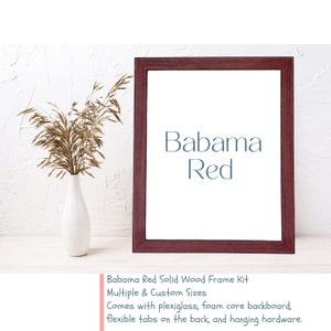 Babama Red Solid Wood Farmhouse Picture Frame DIY Kit with plexiglass, foam core, flexible tabs on the back, and hanging hardware.