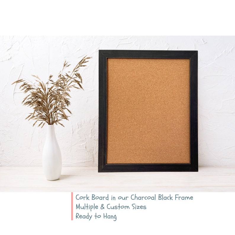 Farmhouse Bulletin Board Framed Rustic Solid Wood & Cork, Multiple Sizes charcoal black