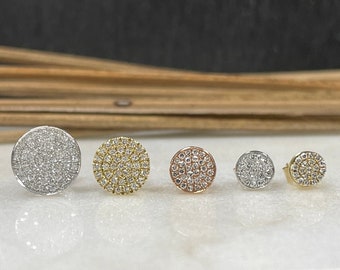 Diamond Round Stud Earring / Solid 14k Gold / Circle Stud Earrings / Disc Stud Earrings / Diamond Pave Circle Studs / Small Studs / Dainty