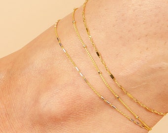 14k Gold Dainty Chain Anklet / Solid 14k Gold / Constellation Two-Tone Gold / Singapore Bar Chain / Sparkly Anklet / Women's Gift for Her