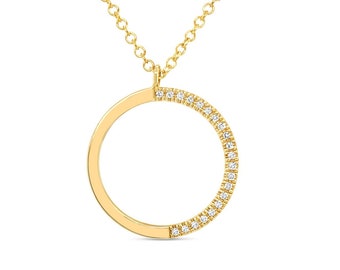 Diamond Circle Necklace/ Solid 14k Gold / Diamond Pendant / Open Circle / Diamond Disc Necklace / Fine Jewelry / Round Necklace