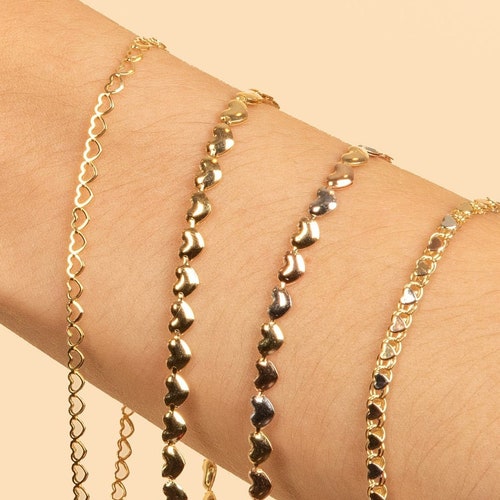14k Gold Heart Bracelet / Gold Love Chain Bracelet / Tri Color Etsy