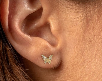 Diamond Butterfly Stud Earrings / Solid 14k Gold / White Yellow Rose / Dainty Earrings / Small Studs / Diamond Studs / Women's Gift for Her
