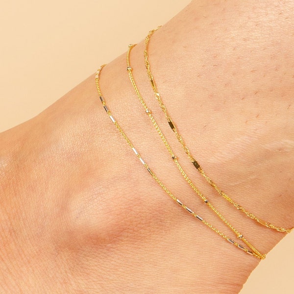 14k Gold Dainty Chain Anklet / Solid 14k Gold / Constellation Two-Tone Gold / Singapore Bar Chain / Sparkly Anklet / Women's Gift for Her