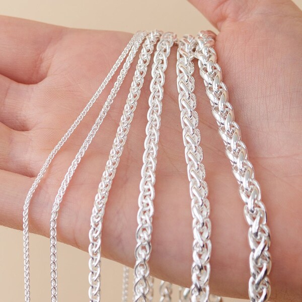 Silver Wheat Spiga Chain Necklace / 925 Sterling Silver / Dainty Chunky Braided Necklace / 16 18 20 22 24 30 inch / Unisex Men's Women's