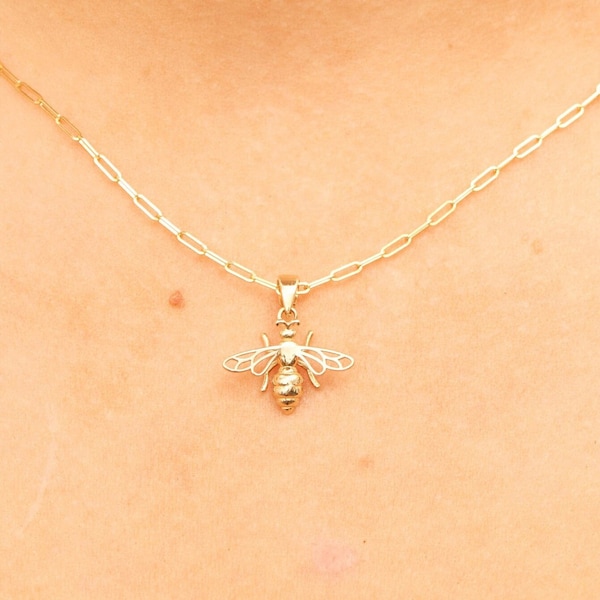 14k Gold Bumble Bee Charm Pendant Necklace / Yellow Gold Bee Necklace / Unisex Men's Women's / Gift for Him & Her