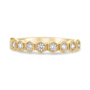 Diamond Hexagon Band / Solid 14k Gold / Diamond Wedding Band / Geometric Anniversary Ring / Half Eternity / Art Deco Vintage Style