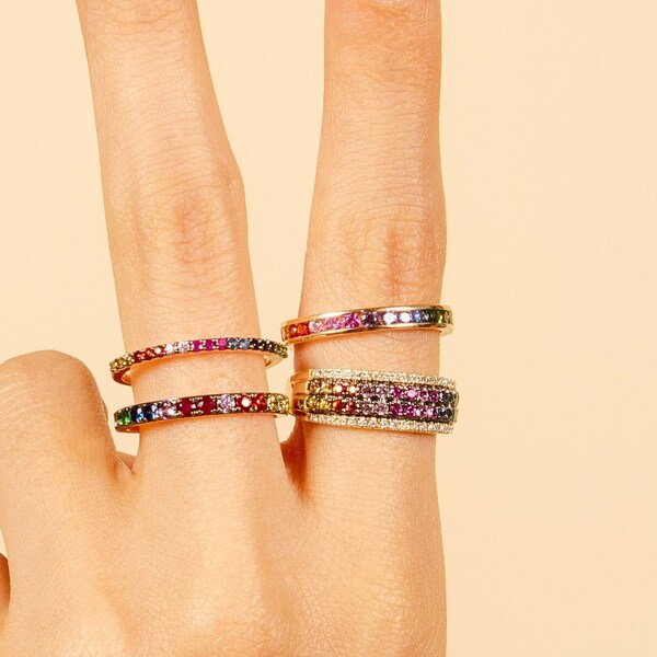 Rainbow Sapphire Ring / Solid 14k Gold / Multicolor Sapphire Band / Fancy Color Sapphire Stacking Ring