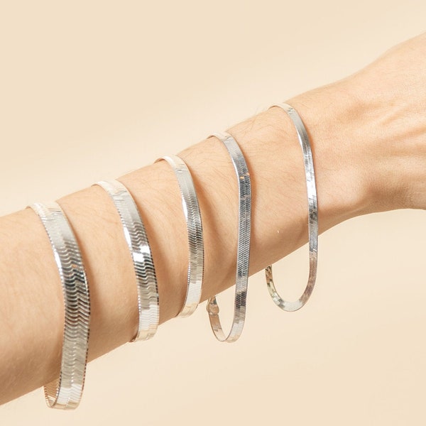 Silver Herringbone Bracelet / 925 Sterling Silver / Chain Bracelet / Italian Chain / Flat Snake Chain / 7 - 8 inch / Unisex Men's Women's