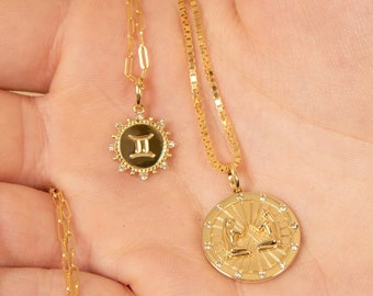 Diamond Zodiac Medallion Coin Charm Necklace / Solid 14k Gold / Aries Aquarius Cancer Capricorn Gemini Leo Libra Pisces Sagittarius Virgo