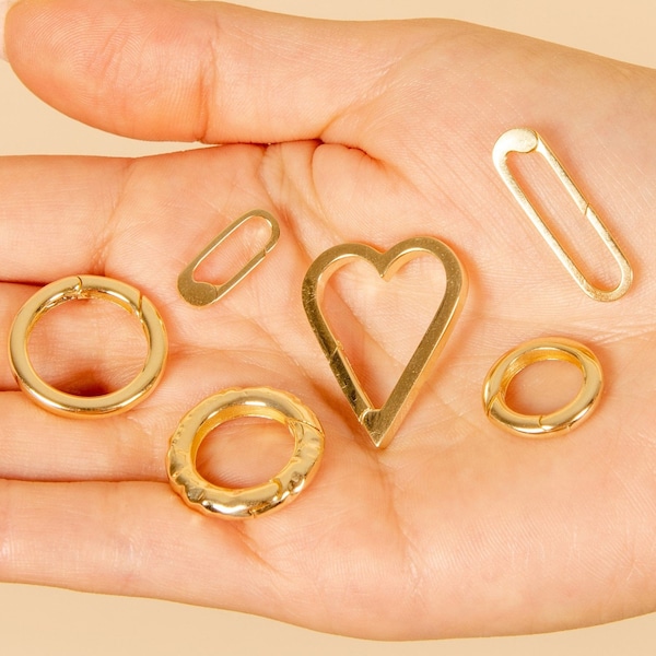 14k Gold Connector Clasp / Solid 14k Gold / Paperclip Push Clips / Circle Heart Enhancer Charm Pendant / Openable Lock Extenders for Chains