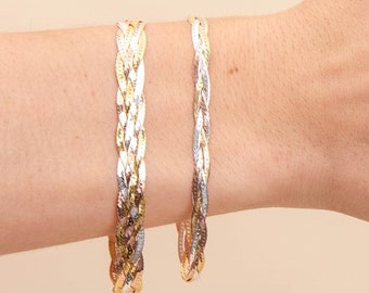 Tricolor Gold Braided Herringbone Chain Bracelet / Solid 925 Sterling Silver / 14k Yellow & Rose Gold Plated / Twisted Flat Snake / 7 8 inch