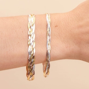 Tricolor Gold Braided Herringbone Chain Bracelet / Solid 925 Sterling Silver / 14k Yellow & Rose Gold Plated / Twisted Flat Snake / 7 8 inch