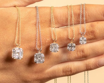 Solid 14k Gold Square Asscher Cut Diamond Pendant Necklace / Simulated Diamond / Solitaire Charm Pendant Necklace / Wedding Bridal Jewelry