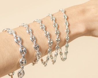 Silver Puffed Mariner Chain Bracelet / 925 Sterling Silver / Designer Link  Bracelet / Anchor Link / 7 8 Inch / Unisex Gift for Him & Her 