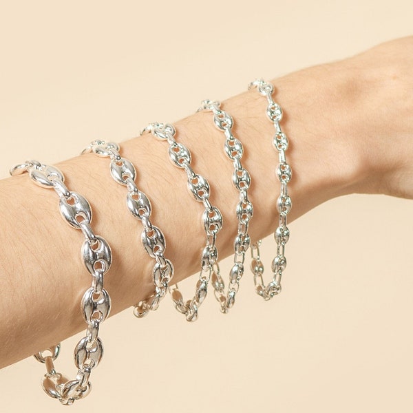 Silver Puffed Mariner Chain Bracelet / 925 Sterling Silver / Designer Link Bracelet / Anchor Link / 7 - 8 inch / Unisex - Gift for Him & Her