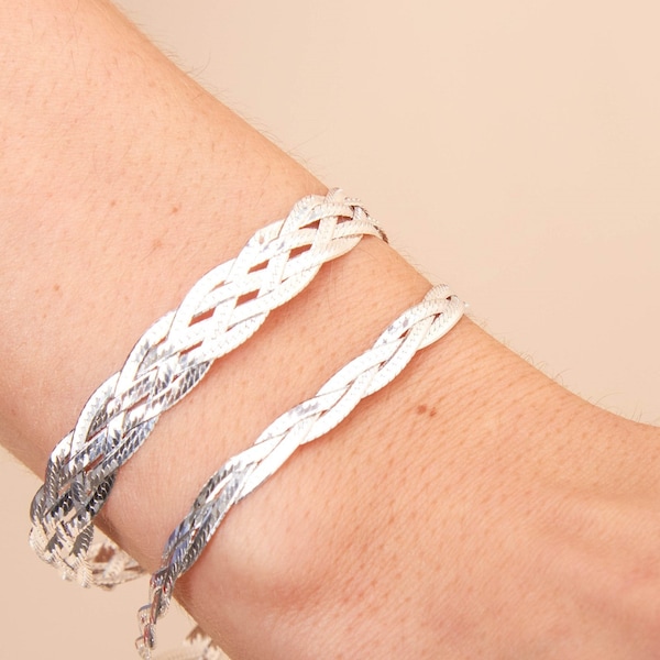 Silver Braided Herringbone Chain Bracelet / 925 Sterling Silver / 7 - 8 inch / Twisted Flat Snake Chain / Women's Gift for Her
