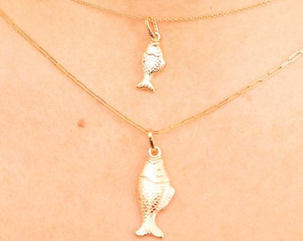 14k Gold Fish Charm Pendant Necklace / 14k Yellow Gold / Unisex Men's Women's / Gift for Him & Her