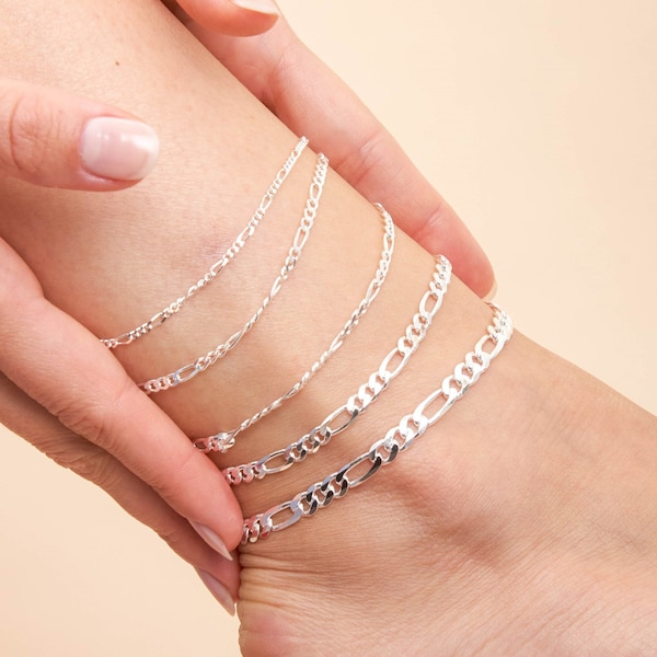 Silver Figaro Link Chain Anklet / Solid 925 Sterling Silver / Figaro Link Ankle / 9 10 inch / Unisex Men's Women's / Gift for Him & Her